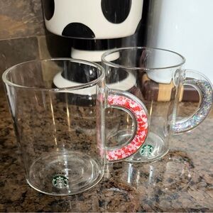 Starbucks clear Glass Mugs with heart confetti and Glitter Handle. New